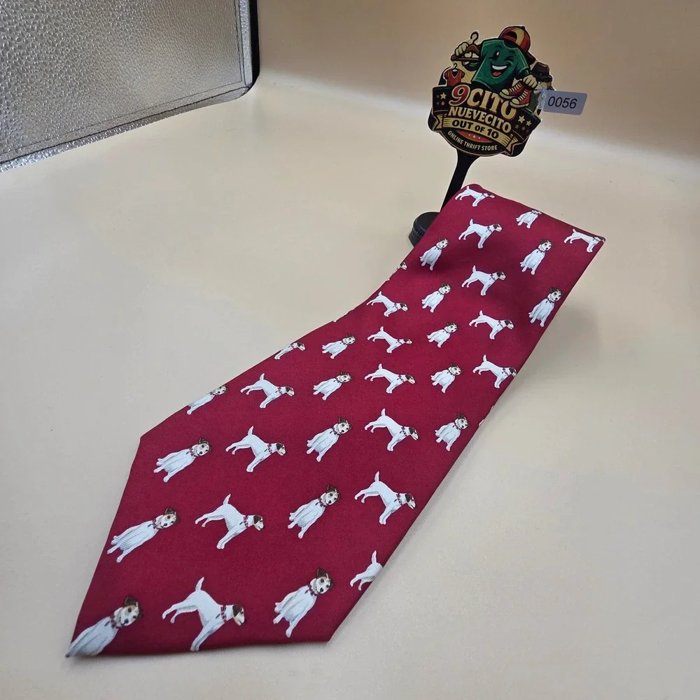 Coach Mens Silk Necktie Burgundy Red Jack Russell Terrier Dog Pattern Tie